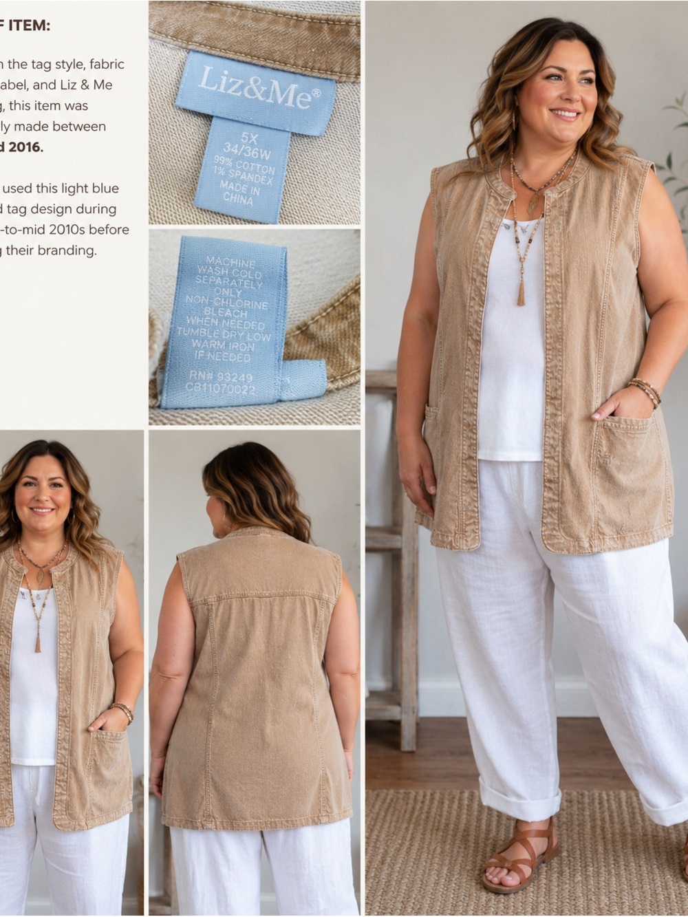 Liz‎ & Me 5X 34/36W Tan Stretch Denim Vest Tunic Plus Size Pockets